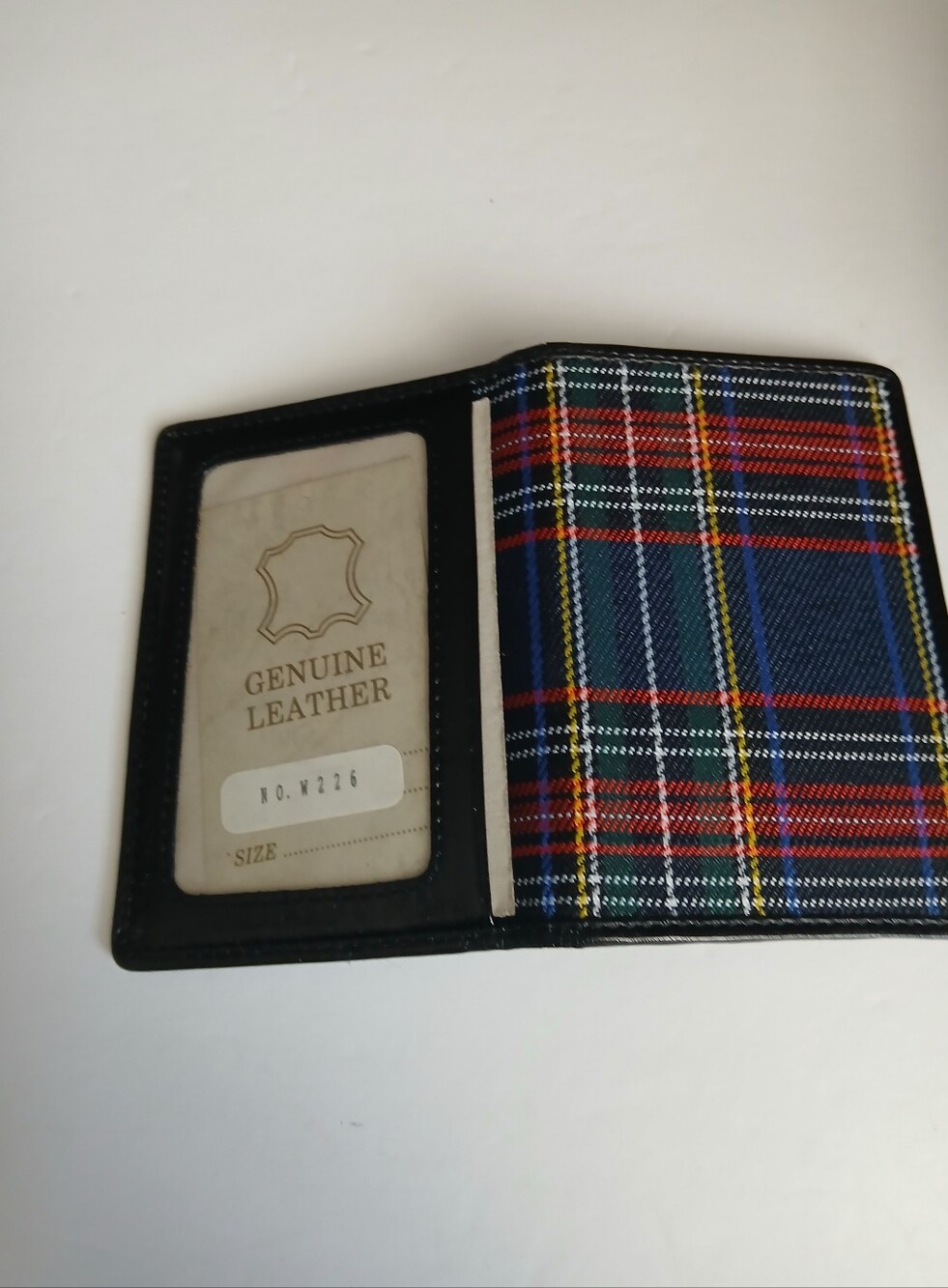 Genuine Leather Bifold Wallet with Navy Tartan Accent